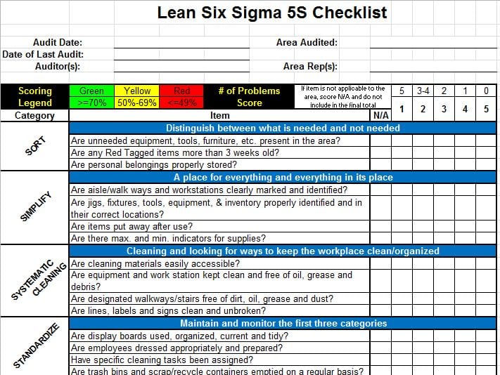 Lean Six Sigma 5S Checklist for Microsoft Excel