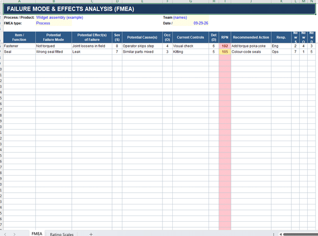 FMEA template for Excel showing automatic RPN scoring and rating scales